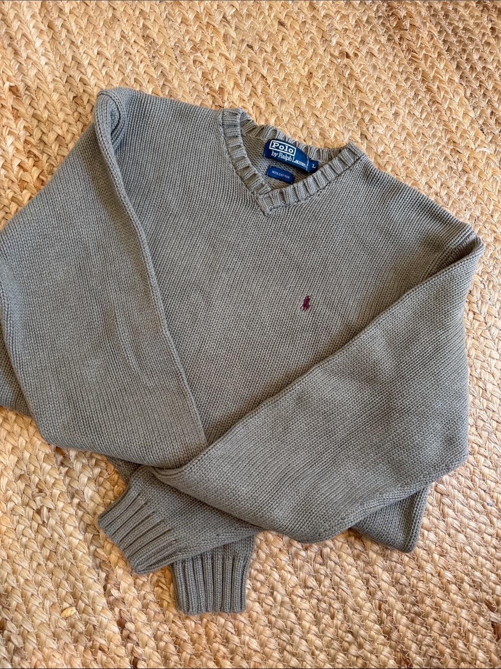 Polo by Ralph Lauren Olive V-Neck Knit Sweater with Maroon Pony size Large